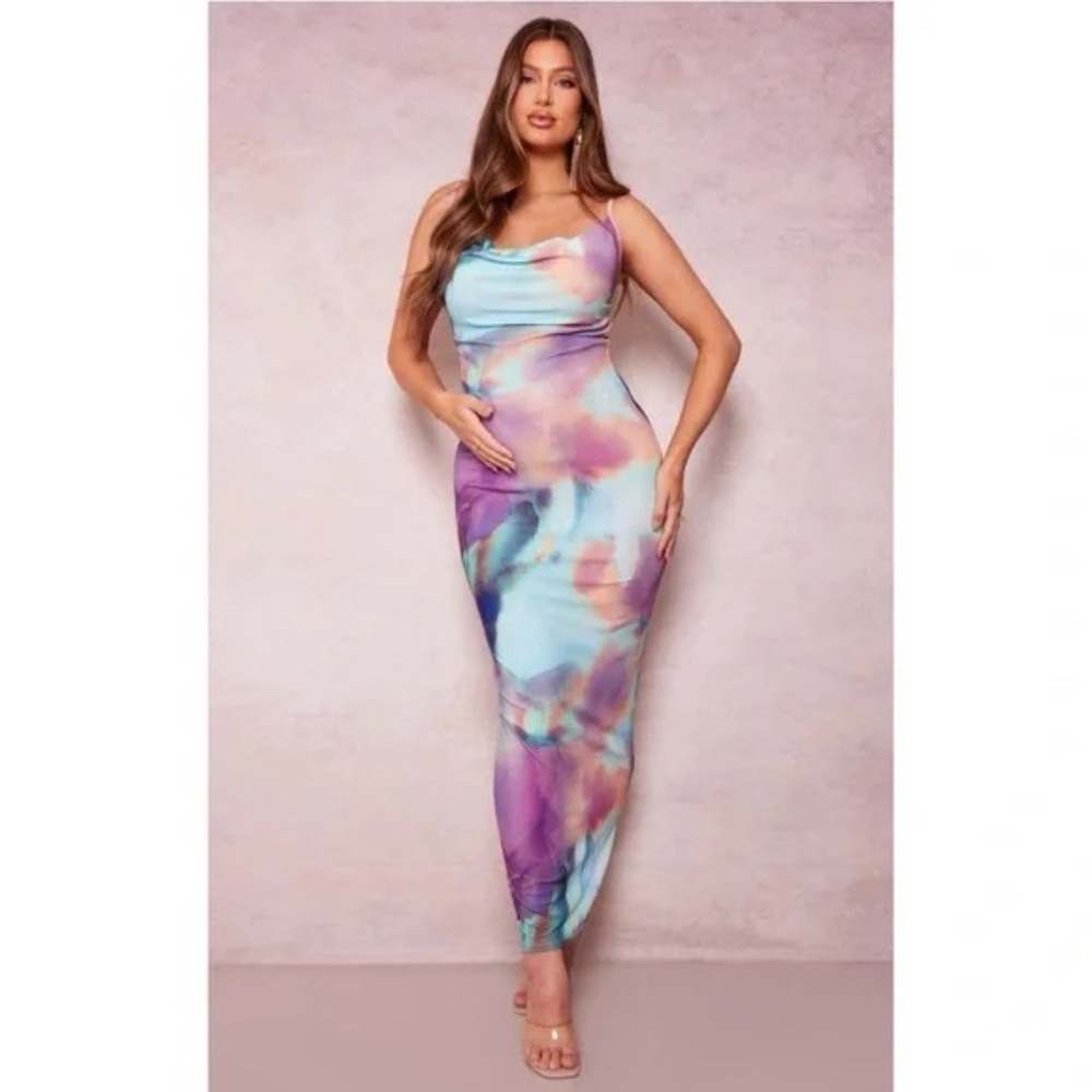 1113 NWT PrettyLittleThing Maternity Purple Watercolour Cowl Maxi Dress - Size 2 - Picture 3 of 9
